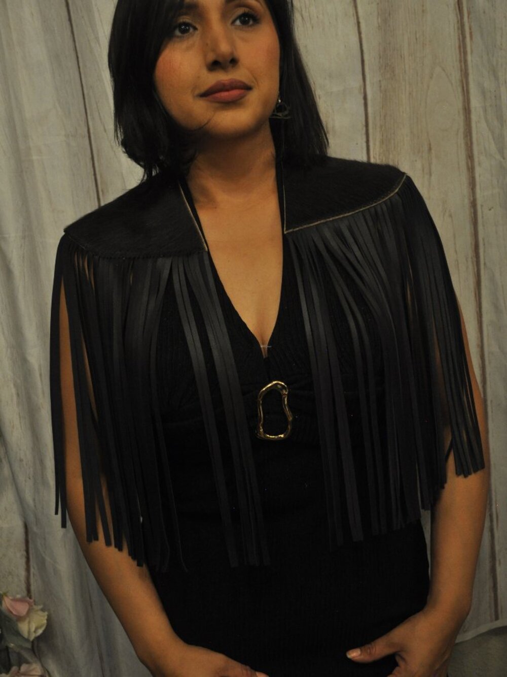 Black Cowhide & Leather Fringe Shawl – Western Statement Cape